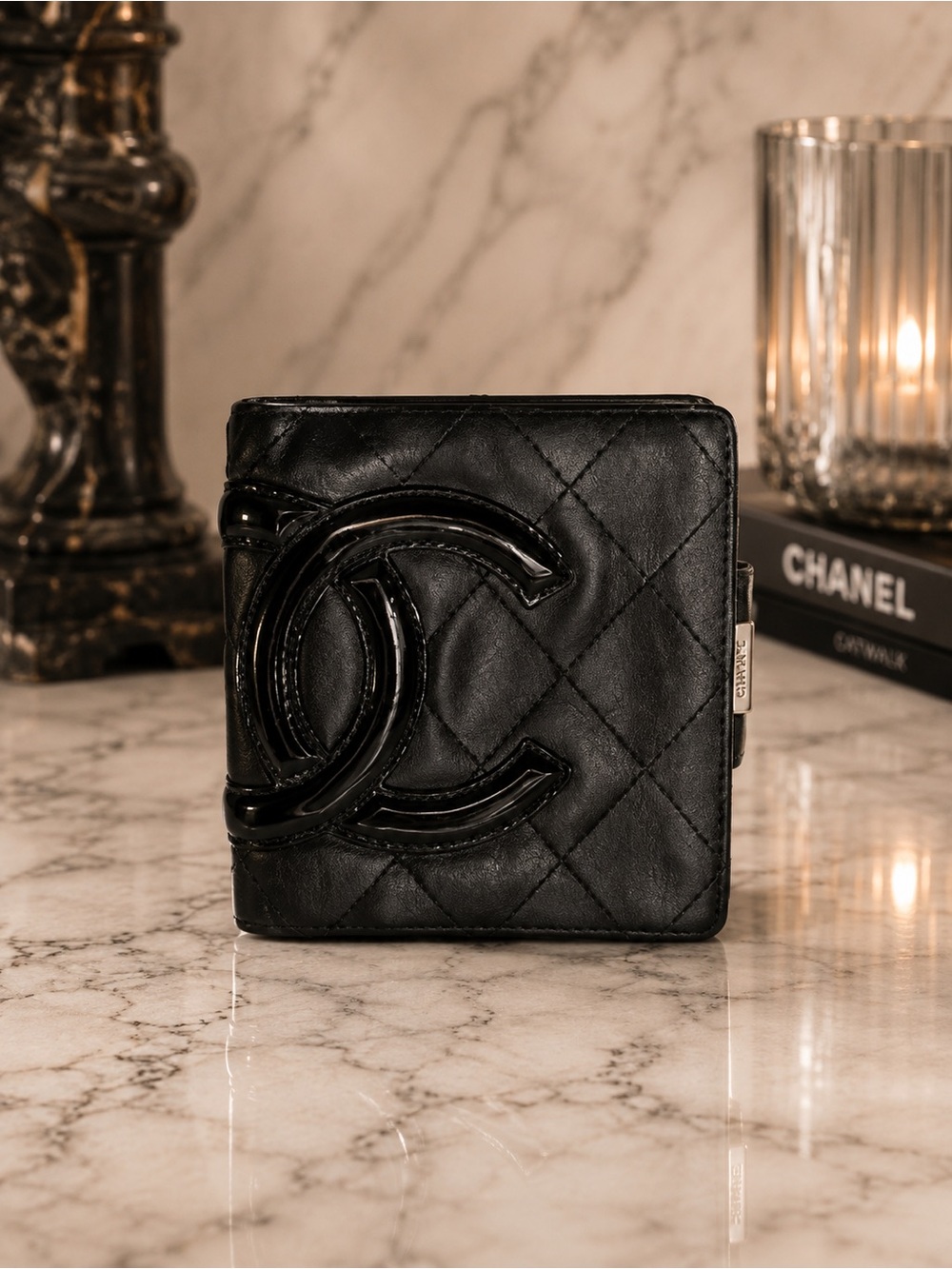 Chanel Cambon Ligne Black Quilted Snap Bifold Wallet | Black CC | Pink Interior